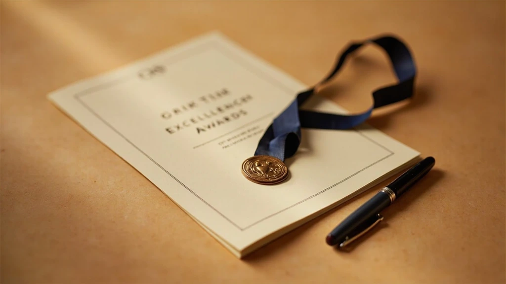 An editorial photograph of a bronze CIS Excellence Awards seal resting on a folded program booklet with a fountain pen and navy ribbon.